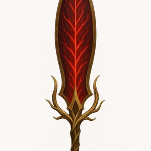 May include: A fantasy sword with a leaf-like blade featuring a red, vein-like pattern. The blade is framed with gold trim. The hilt is designed with a twisted, branch-like structure, and the overall design is ornate.