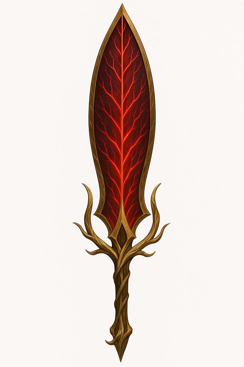 May include: A fantasy sword with a leaf-like blade featuring a red, vein-like pattern. The blade is framed with gold trim. The hilt is designed with a twisted, branch-like structure, and the overall design is ornate.