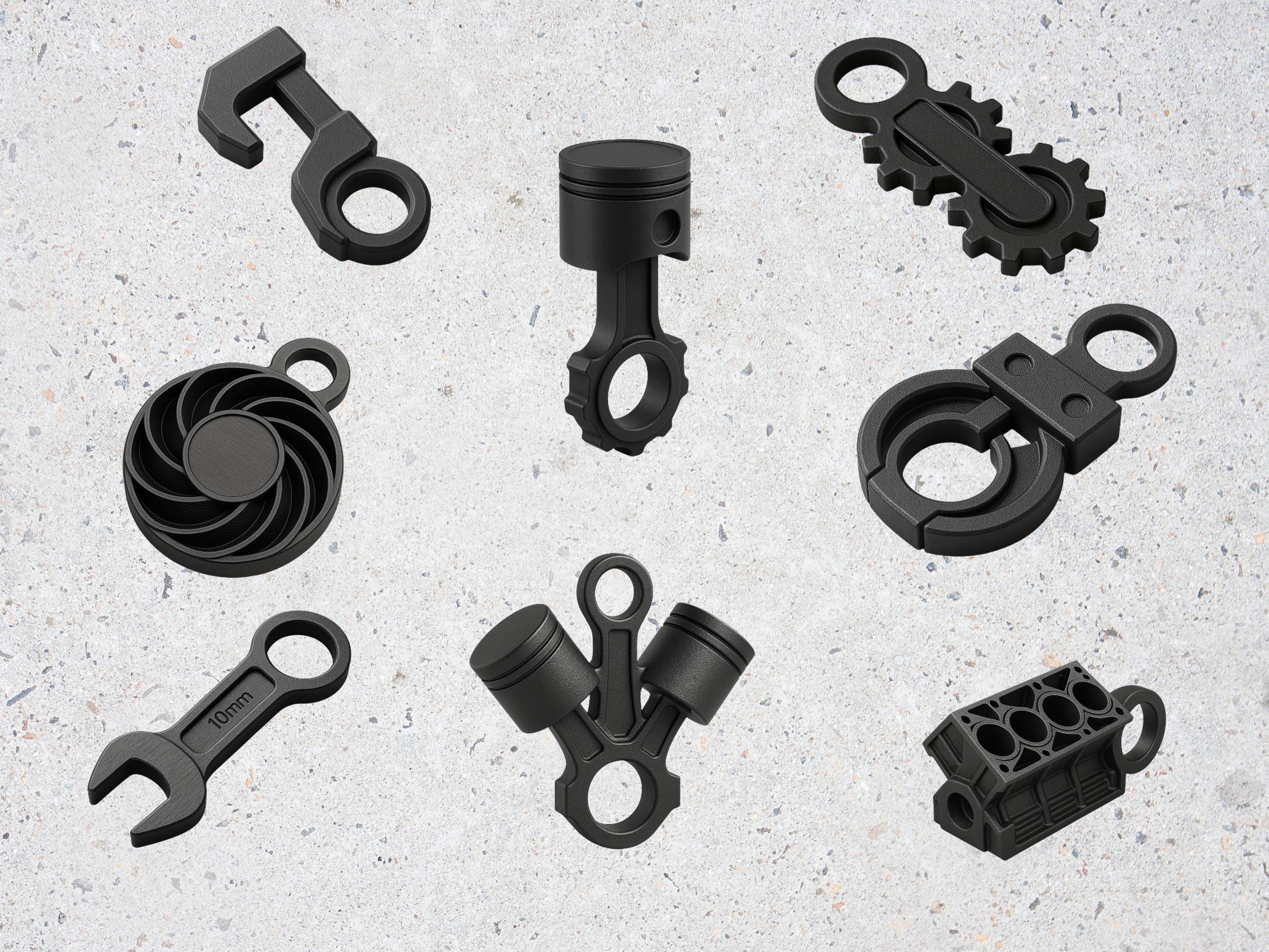 Men’s Engineering Keyring Set – 3D Printed Mechanical Design Collection | Industrial Gift for Men