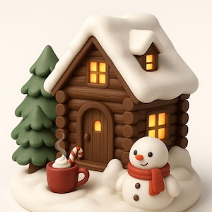 以下が含まれることがあります： 雪が積もった屋根と光る窓がある丸太小屋のミニチュア冬景色。赤いスカーフをつけた雪だるまと、キャンディケーンの入ったホットチョコレートのカップが、お祝いのディスプレイを完成させています。緑のモミの木も存在します。