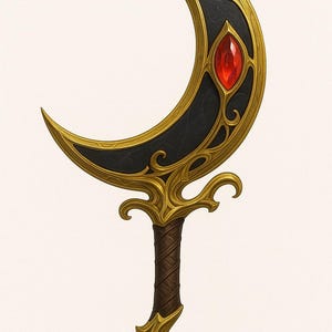 May include: A decorative crescent-shaped object with a gold-colored frame and a black center. A red gemstone is set in the center. The handle is brown and wrapped, with gold-colored accents. The object has an ornate, fantasy design.