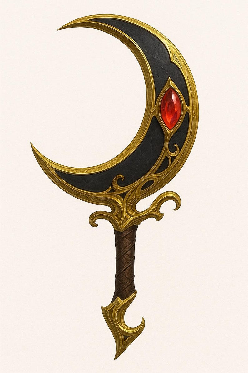May include: A decorative crescent-shaped object with a gold-colored frame and a black center. A red gemstone is set in the center. The handle is brown and wrapped, with gold-colored accents. The object has an ornate, fantasy design.