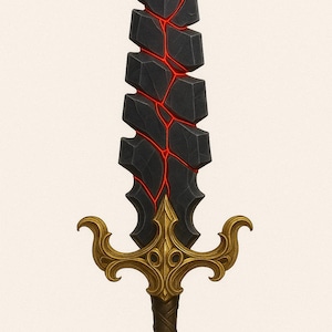 May include: A fantasy sword with a black blade featuring a stone-like texture and red accents. The hilt is gold with intricate designs and a brown grip. The overall design suggests a weapon from a fantasy or medieval setting.