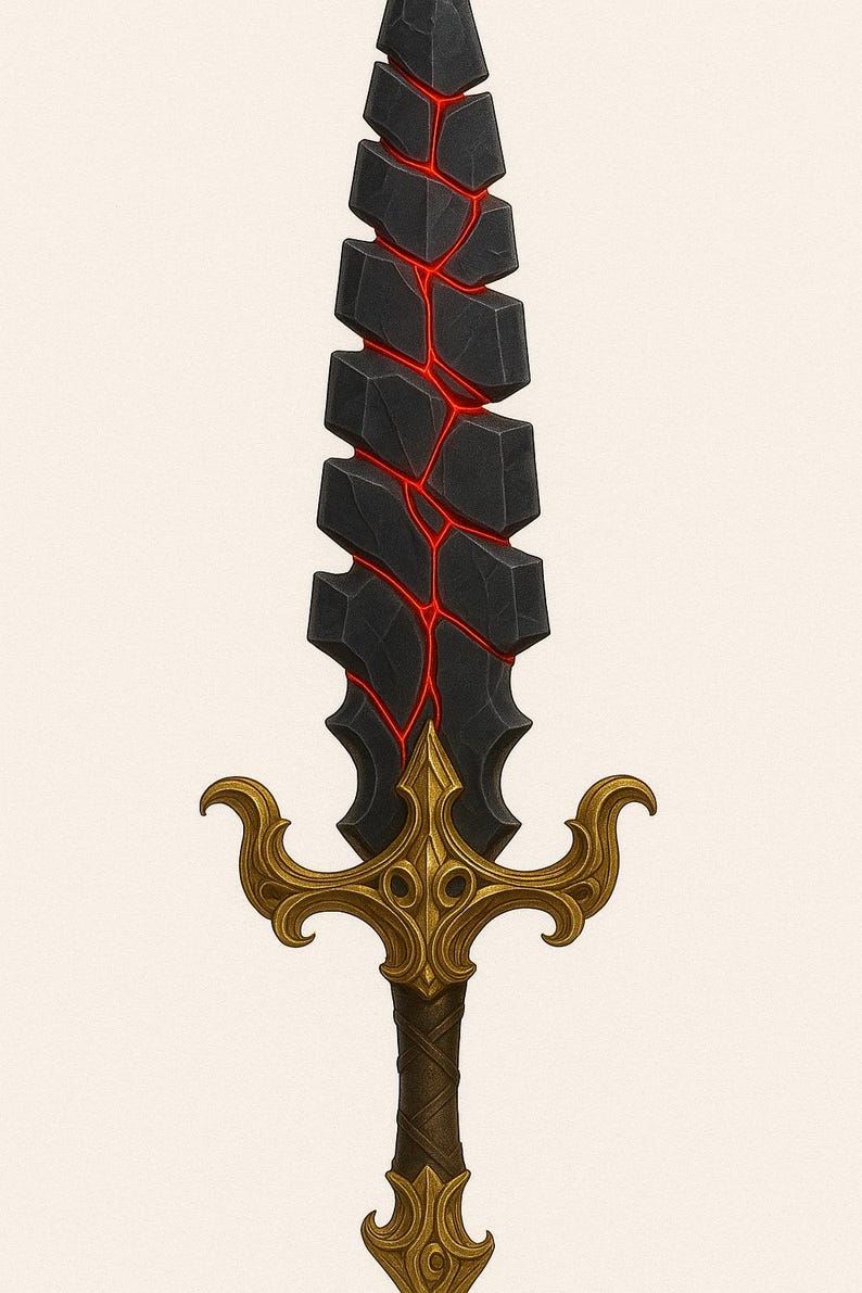 May include: A fantasy sword with a black blade featuring a stone-like texture and red accents. The hilt is gold with intricate designs and a brown grip. The overall design suggests a weapon from a fantasy or medieval setting.