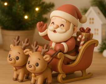 Könnte beinhalten: Weihnachtsfigur mit dem Weihnachtsmann in einem Schlitten, der von zwei Rentieren gezogen wird. Der Weihnachtsmann trägt einen roten Anzug und Hut und winkt. Der Schlitten enthält Geschenke und Zuckerstangen, ideal für die Weihnachtsdekoration.
