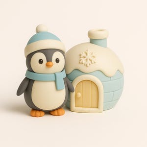 May include: A whimsical penguin figurine wearing a blue hat and scarf stands next to a light blue igloo with a snowflake design. The penguin has a gray body, cream-colored belly, and orange feet and beak. The igloo has a yellow door.