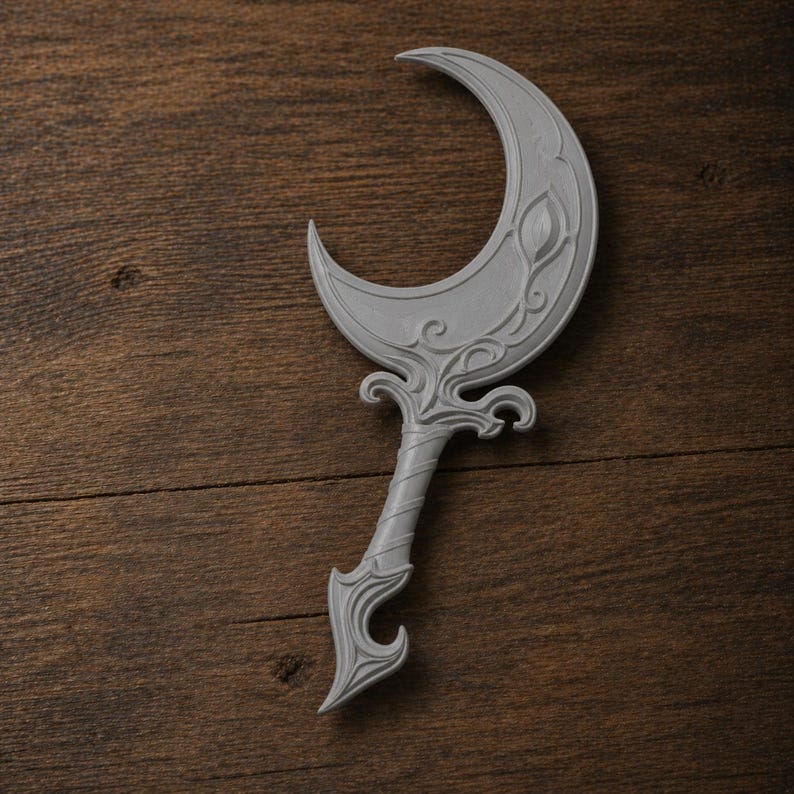 May include: A gray, crescent-shaped decorative object with ornate detailing. The design features a stylized leaf and swirling patterns on the crescent and handle. The object is made of a solid material and rests on a wooden surface.
