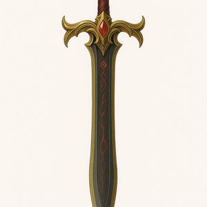 May include: A detailed illustration of a fantasy sword. The sword features a gold hilt with a red gem and a dark blade with red accents. The handle is wrapped in a dark red material, and the overall design is ornate.