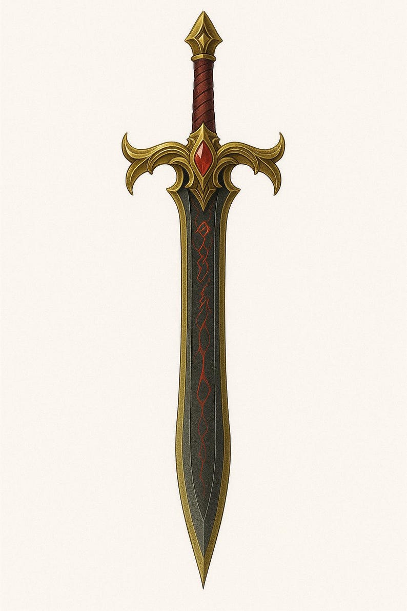 May include: A detailed illustration of a fantasy sword. The sword features a gold hilt with a red gem and a dark blade with red accents. The handle is wrapped in a dark red material, and the overall design is ornate.