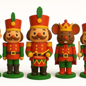 May include: A collection of five Christmas figurines. The figurines include a ballerina, two nutcrackers, a mouse king, and a soldier. The figurines are red, green, and yellow with black boots and bases. The nutcrackers have mustaches and hats.