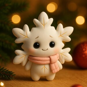 May include: A whimsical, white, leaf-shaped figurine with a smiling face, large black eyes, and a pink scarf. The figurine is on a wooden surface, with Christmas ornaments and lights in the background.