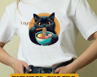 Cute Cat Png, Cat Eating Ramen Japanese Noodle, Cartoon Cat Png, PNG Printable, Sublimation Design, black cat PNG, Instant Download