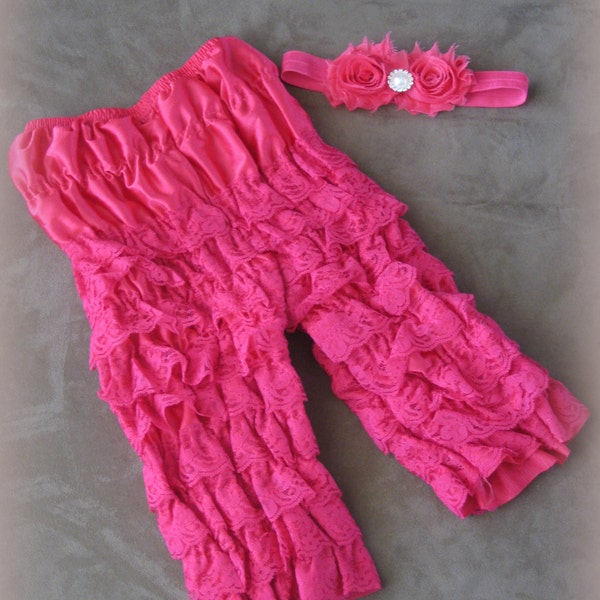 Hot Pink Lace Petti Pants, Petti Pants & Headband Set, Shabby Headband, Petti Romper Set, Infant Photo Set, Pink Petti Romper Sz M