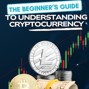 May include: A beginner's guide to understanding cryptocurrency with a silver Litecoin coin, a gold Bitcoin coin, and a roll of US dollars with a rubber band.