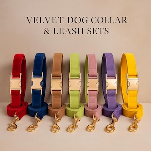 Velvet Dog Collar & Leash Set with Custom Engraved Name Tag and Buckle, Soft Durable Stylish Pet Gift, Multiple Colors