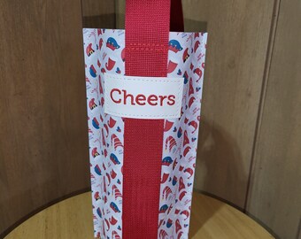 Wine Bottle Holder in Vegan Leather with Custom Embroidery, Christmas Hats Cheers