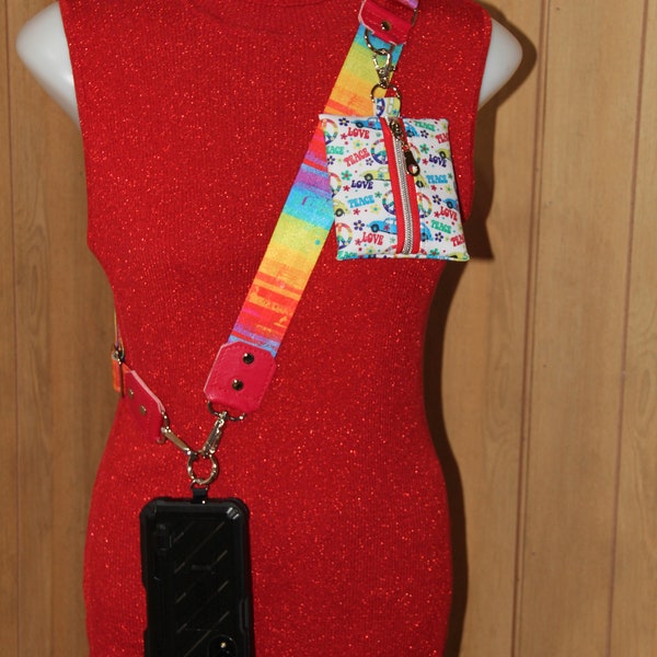Cell Phone Sling, Cell Phone Carrier, Strap with Zipper Wallet, Rainbow Hippie Peace and Love