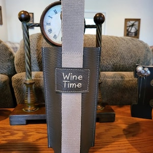 Wine Bottle Holder in Vegan Leather with Custom Embroidery, Wine Time