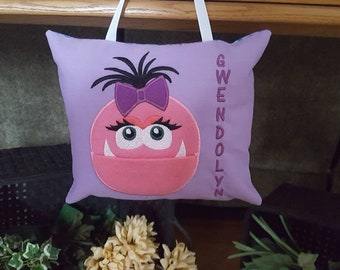 Monster Girl with Bow Tooth Fairy Pillow, Custom Embroidery