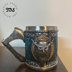 Viking Stainless Steel Single Handle Horn Skull Beer Stein Cup,Nordic Viking Warrior Skull Mug Tankard Halloween Bar Drinkware viking whisky
