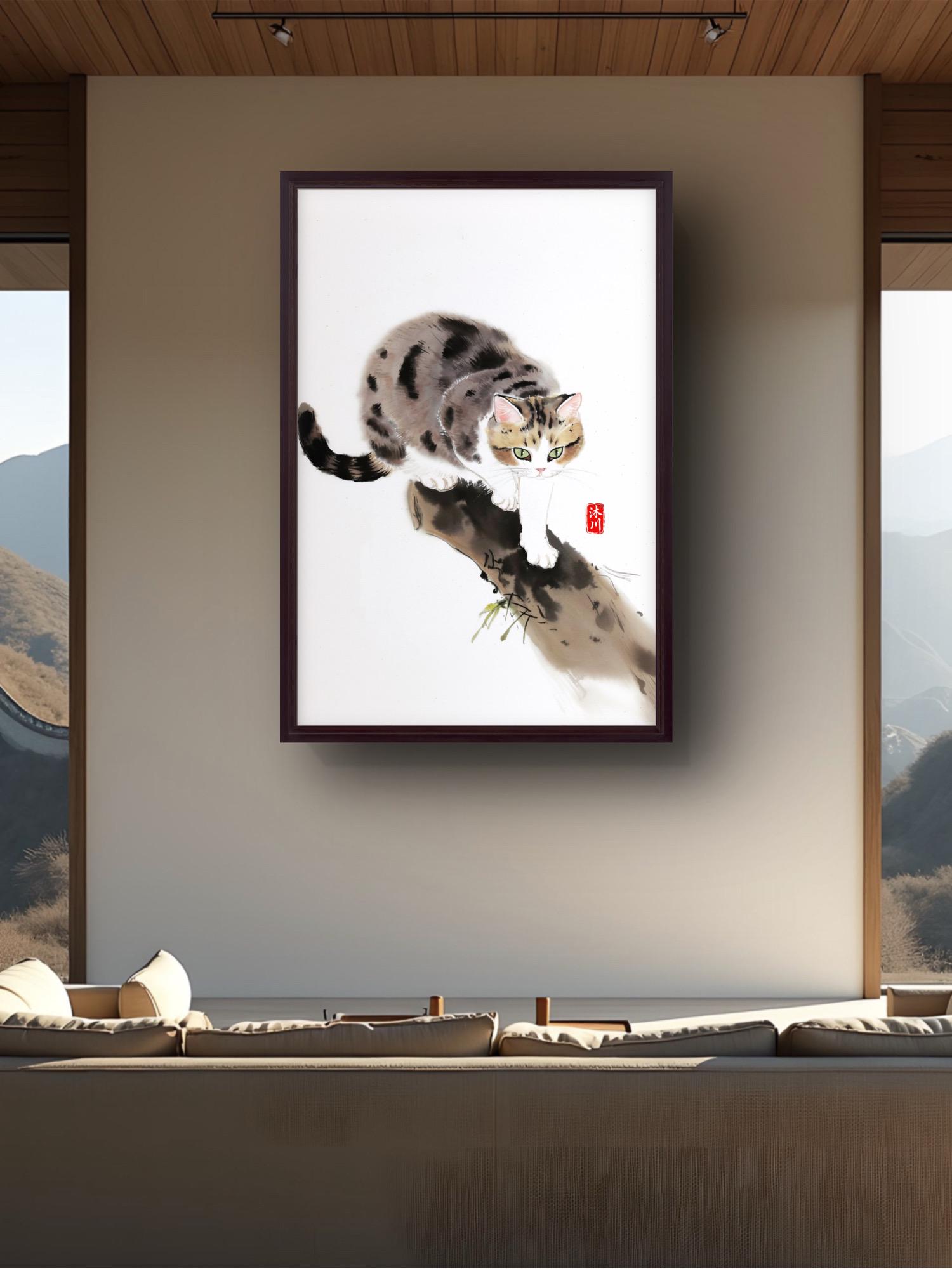 李利魯 猫花図 額装 絵画 風景画 水墨画 動物画 中国 山東 中国の水墨画猫のアートプリント：伝統的な室内装飾 - Etsy 日本