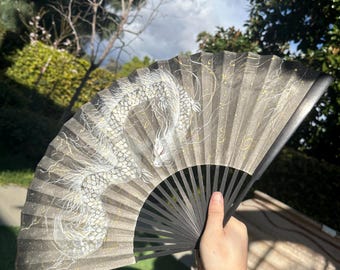 Hand-Painted Dragon Fan | Chinese Art Gift for Christmas or New Year | Bamboo Folding Fan Decor | Collectible Asian Wall Art