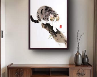 中国の水墨画猫のアートプリント：伝統的な室内装飾 - Etsy 日本
