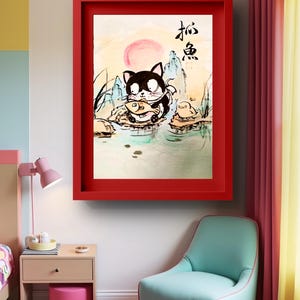 Cute Cat  Animal Ink Painting | Colorful Cartoon Watercolor Art | Adorable Wall Decor | Nursery & Kids Room Gift | Asian Art Print