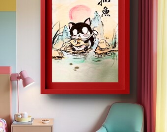 Cat Ink Painting: Cartoon Watercolor Asian Art Print