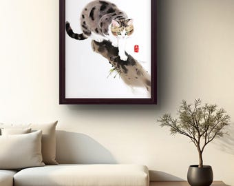 中国の水墨画猫のアートプリント：伝統的な室内装飾 - Etsy 日本