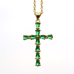 Green Pear Gem Pendant - 18K Gold Plated Cross Necklace