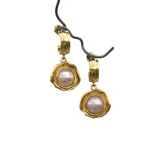 Gold Pearl Dangle Earrings | 18K Gold Plated Hoop Earrings | Textured Drop Earrings with White Pearls | Classic Gold pearl gifted Earrings