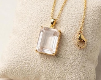 Rose Quartz Pendant Necklace, Emerald-Cut Gemstone, Handcrafted Minimalist Luxury Jewelry