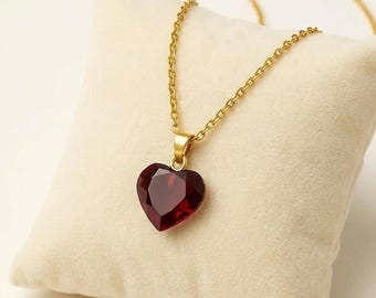 Lab Grown Ruby Heart Pendant: Red Crystal Necklace, Silver Chain