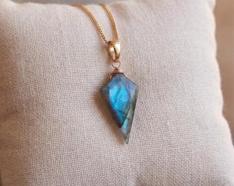 Labradorite Geometric Drop Pendant Necklace, Boho Spiritual Energy Stone, Gold Plated Finish