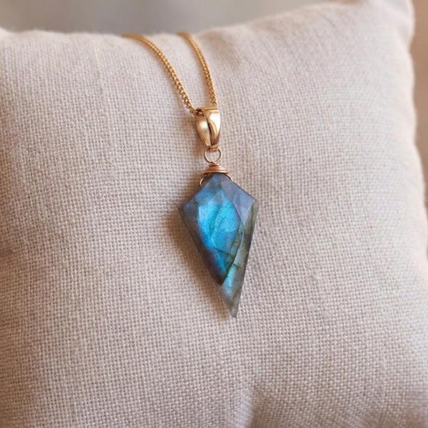 Labradorite Geometric Drop Pendant Necklace, Boho Spiritual Energy Stone, Gold Plated Finish