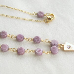 Lavender beaded necklace with gold triangle charm on gold filled chain