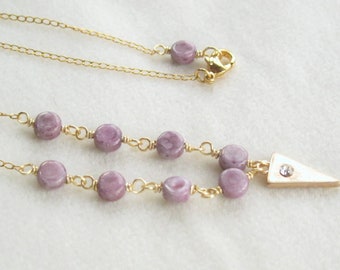 Lavender beaded necklace with gold triangle charm on gold filled chain