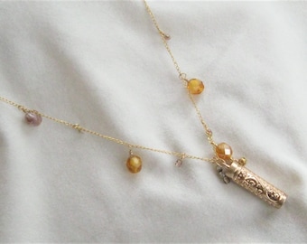 Matte Gold  Scrolled Cylinder pendant necklace with glass beads