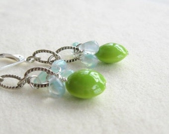 Lime Green ceramic bead and aqua tear drops earrings