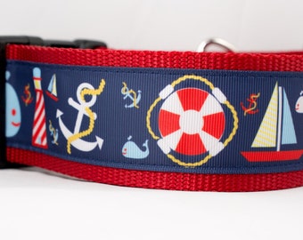 Nautical Whale Dog Collar - 2" inch wide - Nautical dog collar - large dog collar - Lighthouse dog collar - Summer dog collar - Thick dog