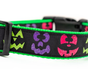Lime Pumpkin Face Dog Collar - 1 inch wide - buckle or martingale - Fall Halloween