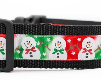 Merry Snowmen Christmas Dog Collar - 1.5 inch wide - buckle or martingale - Winter holiday
