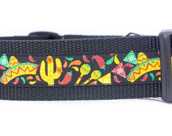 Fiesta Dog Collar - 1.5 inch wide - buckle or martingale - hot pepper - cinco de mayo