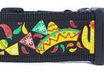 Fiesta Dog Collar - 2 inch wide - buckle or martingale - hot pepper - cinco de mayo