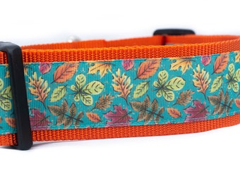 Aqua Leaves Fall Dog Collar - 2 inch wide - buckle or martingale collar - halloween dog collars - thanksgiving dog collar - fall - autumn