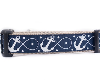 Navy Infinity Anchor Dog Collar - 1 inch wide - buckle or martingale collar - nautical dog collar - anchor collar - summer dog collar - blue