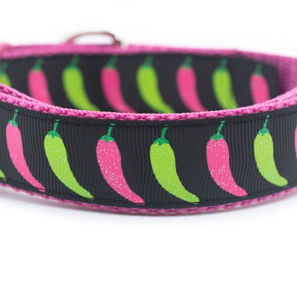 Pink Chili Pepper Dog Collar - 1 inch wide collar - buckle or martingale collar - hot pepper dog collar - cinco de mayo - girl - southwest