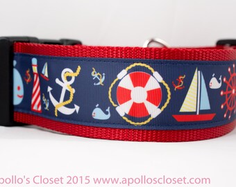 Nautical Whale Dog Collar - 2" inch wide - Nautical dog collar - large dog collar - Lighthouse dog collar - Summer dog collar - Thick dog