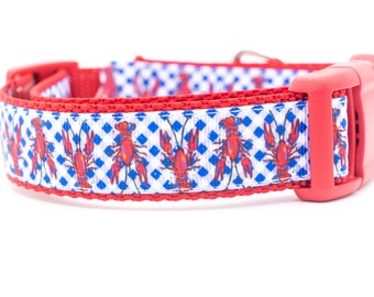 Gingham Lobster Dog Collar - 1 inch wide - buckle or martingale collar - nautical dog collar - summer dog collar - red collar - picnic plaid